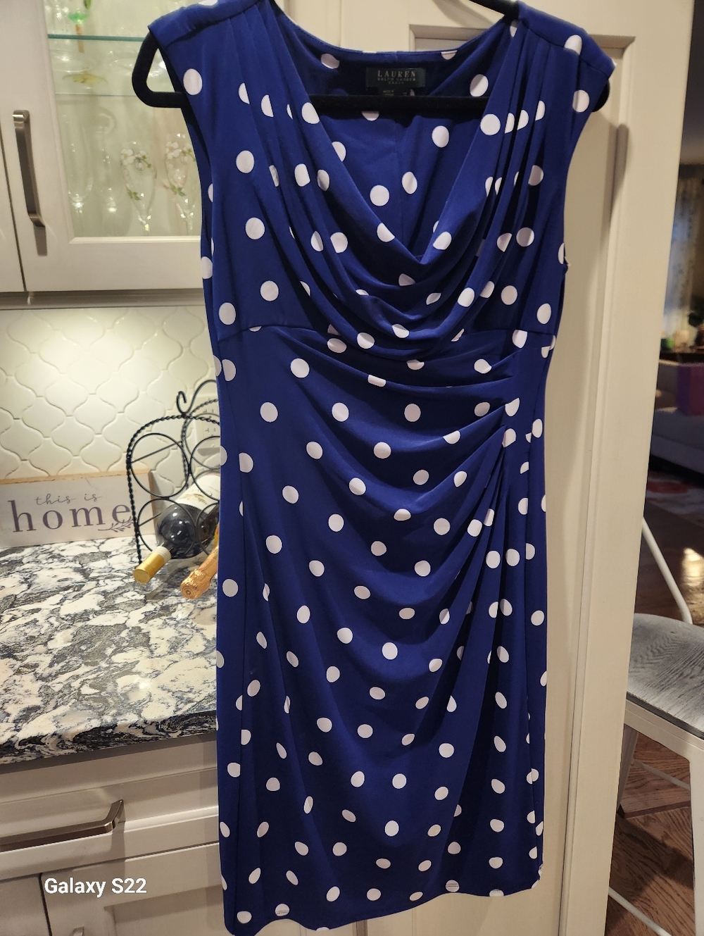 Lauren Ralph Lauren Royal Blue and White Polka Dot Cowl Sheath Dress Sz 12